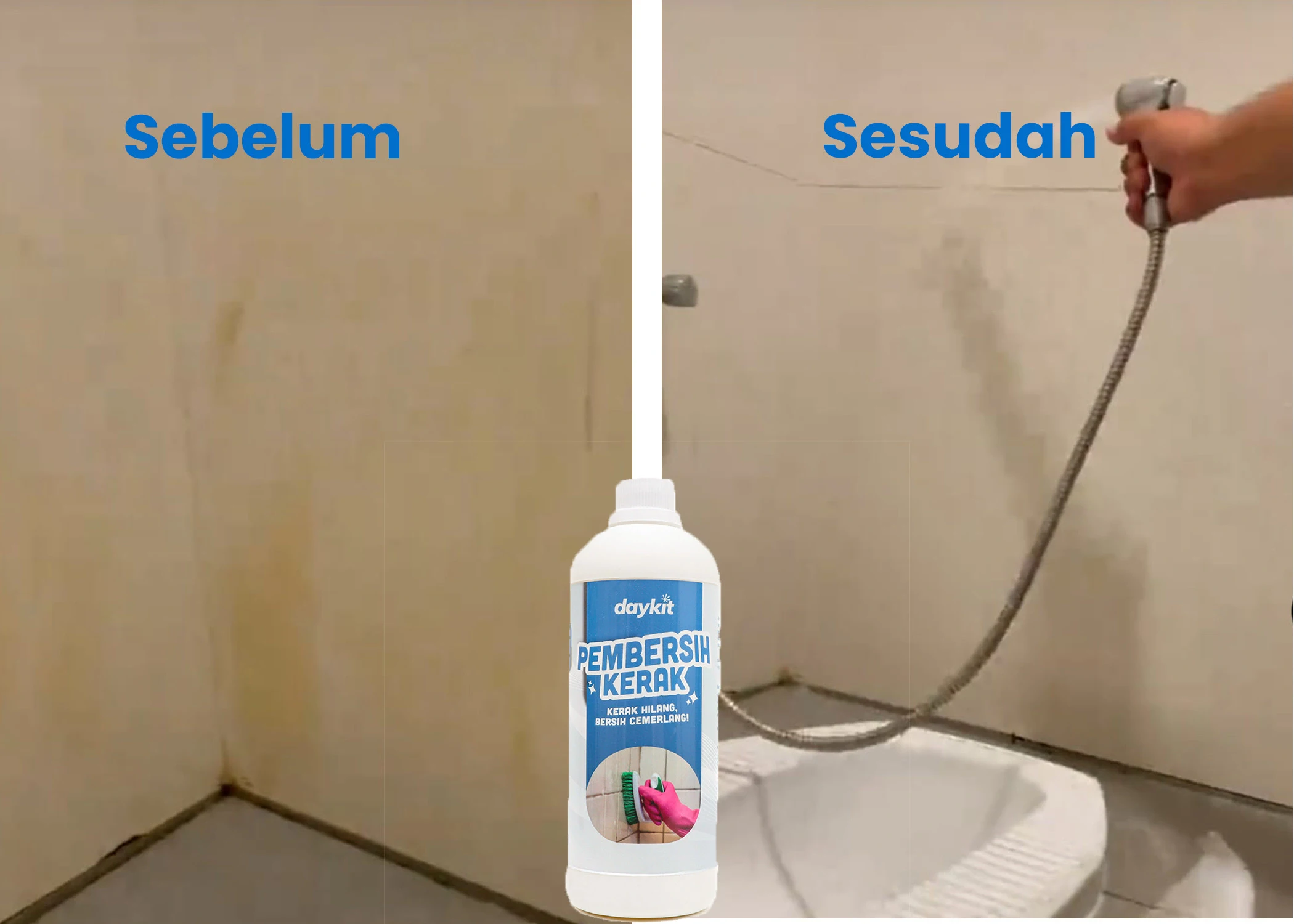 tampilan sebelum dan sesudah kamar mandi dibersihkan dengan daykit